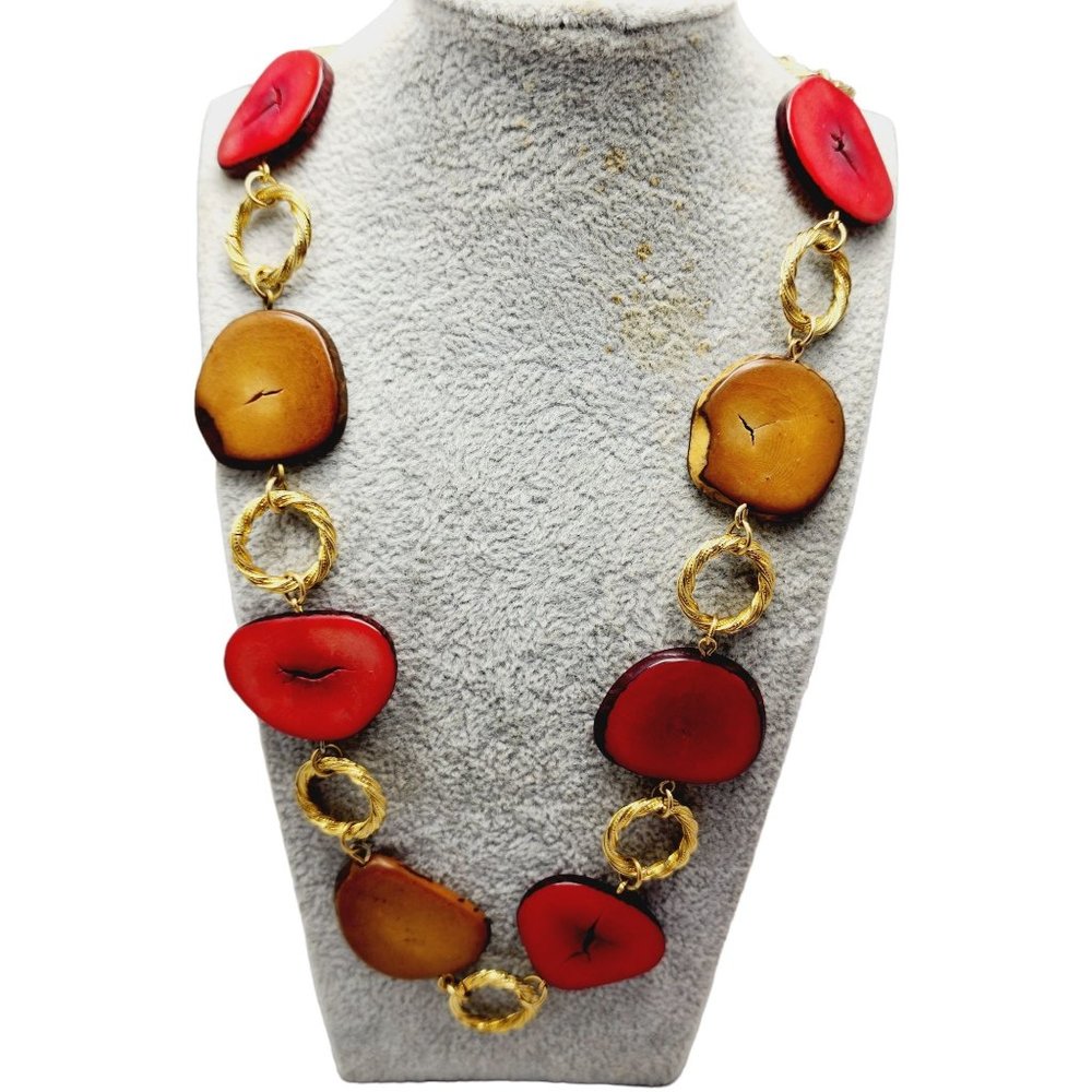 Vintage Signed Accessocraft Banana Wood Slice Chain Necklace (A1078)